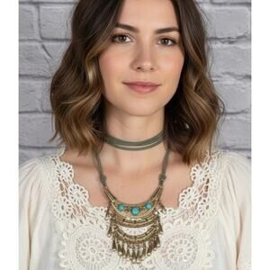 Handmade Upcycled Tibetan Style Wrap Necklace with Suede Lace